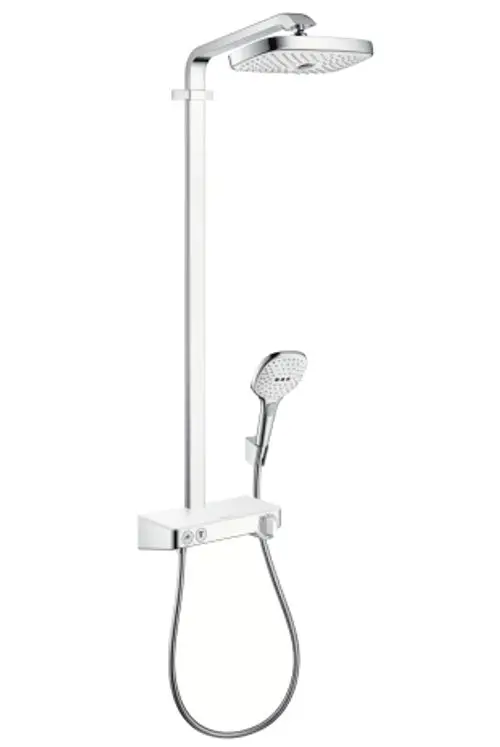 Duschsystem von Hansgrohe mit Kopf- und Handbrause, verchromtem Rohr und weißem Bedienelement, montiert an der Wand.